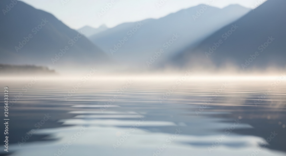 Fototapeta premium Serene lake reflection with misty mountains creating tranquil atmosphere over calm water. Mist enhances scenic beauty of lake surrounded by towering peaks, embodying peaceful outdoor experience.