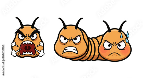 Angry Cartoon Caterpillar and Head with Furious Expressions