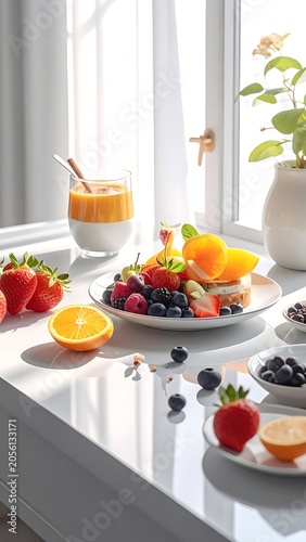 Fresh fruits arranged on a kitchen counter by a sunny window