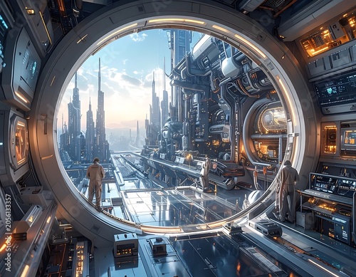 A futuristic cityscape through a spaceship porthole