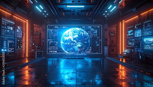A futuristic control room with a large screen displaying Earth (1)
