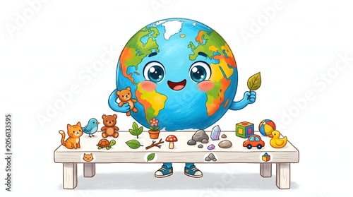 Cute planet Earth character learning the difference between living and nonliving things through colorful examples.