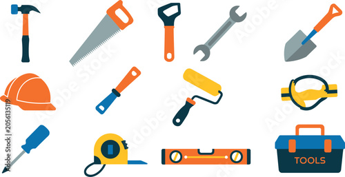 Foto Set of construction and repair tools with hard hat and toolbox in flat vector st