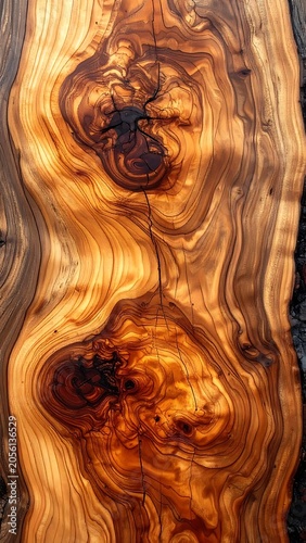 A polished wooden slab with intricate grain patterns and warm tones (1)