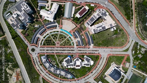 Drone Flyover of Modern University Campus with Solar Energy Infrastructure