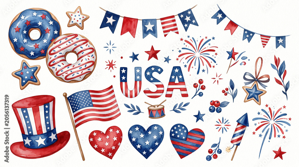 Obraz premium Watercolor American Independence Day patriotic elements set for Fourth of July.