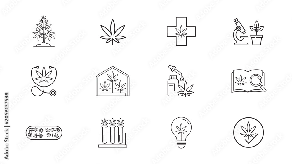 Fototapeta premium Cannabis cultivation and laboratory research line icon set with cannabis marijuana research
