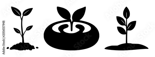 Solid black icon, white background: micro-investment seed icon set with simple line art design featuring sketches, drawings, vector graphics with minimalist and simple illustrations