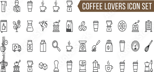 Fotografie Coffee lovers thin line icon set featuring cafe barista espresso machine brewing
