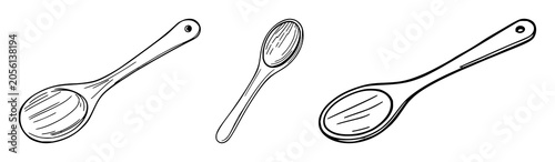 Black line art, white background: wooden mixing spoon set with simple line art design featuring line art, illustrations, graphic resources with vector and design elements