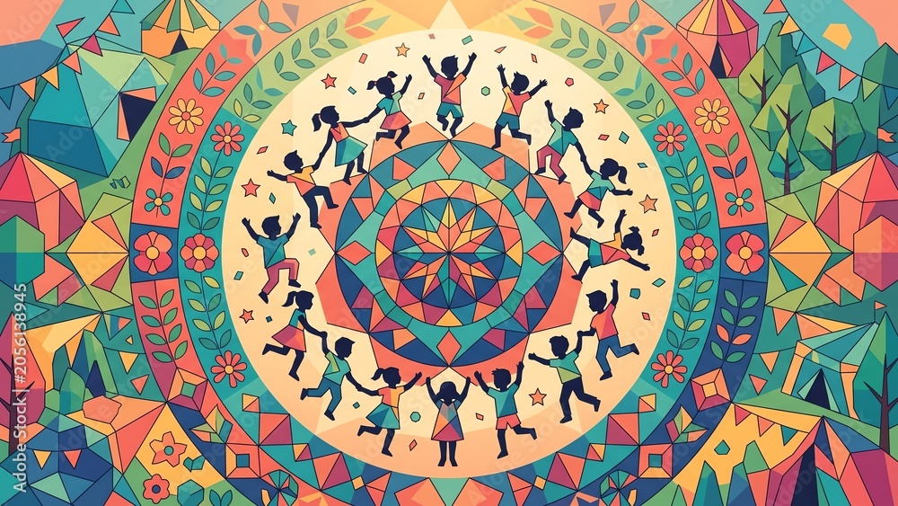 Fototapeta premium Children Celebrating Together Festival Fun Geometric Design