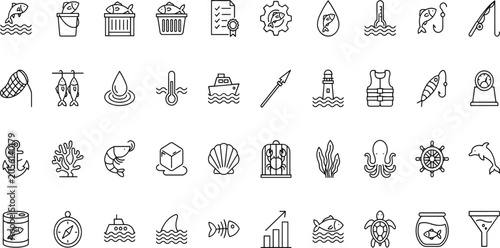 Photography Fishing and seafood line icon set containing ocean sea life marine animals equip