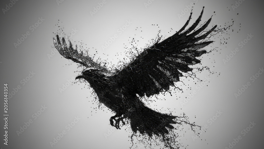 Obraz premium Black Ink Raven in Flight Made of Splashing Liquid, Dark Abstract Bird Art