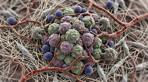 Microscopic View of Tumor Microenvironment with Cancer Cells and Blood Vessels