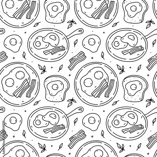 Cute seamless pattern with breakfast food - fried eggs, bacon, toast, sandwiches. Vector hand-drawn doodle illustration. Perfect for print, kitchen and cooking designs, textile, packaging.