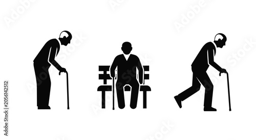 Bilde på lerret Silhouettes depicting stages of aging walking with a cane and resting on a bench