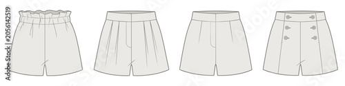 women's high-waist fashion pleated shorts technical drawing vector illustration. cad mockup. transparent background.