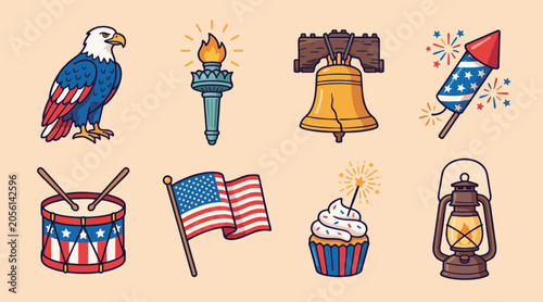 Slika na platnu Patriotic american symbols vector graphic illustration set featuring iconic holi