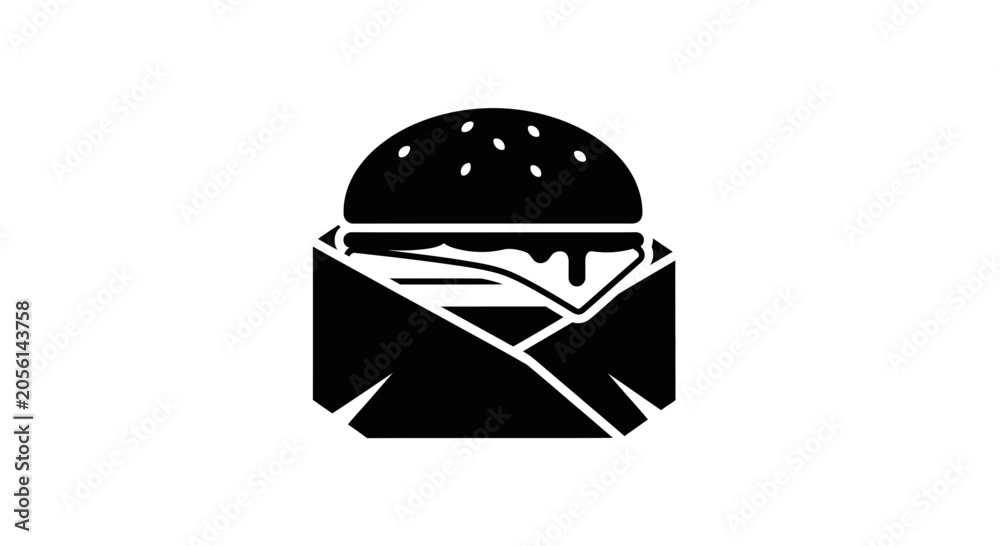 Fototapeta premium Hamburger wrapped in paper serves as a minimalist black icon representing fast food and quick meal services for modern menu design or culinary branding projects.