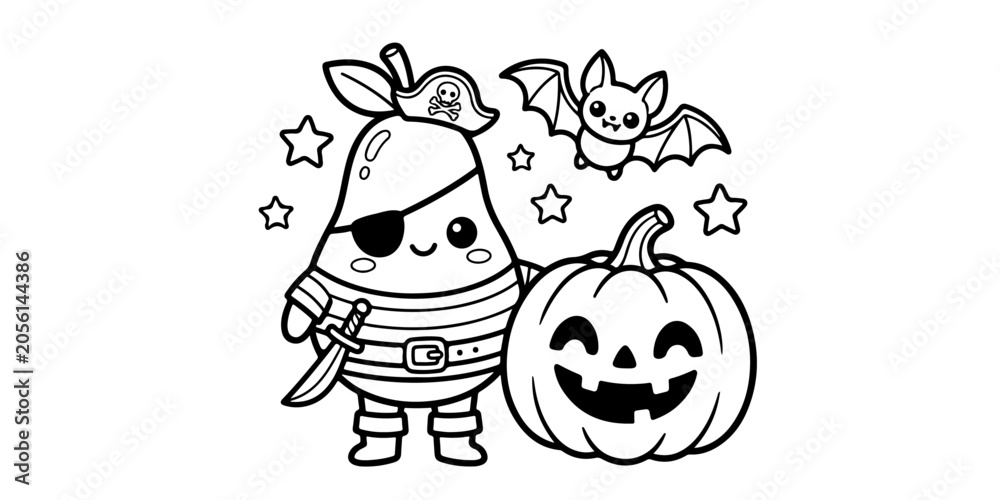 Fototapeta premium Chibi Pear with Eyepatch Line Art