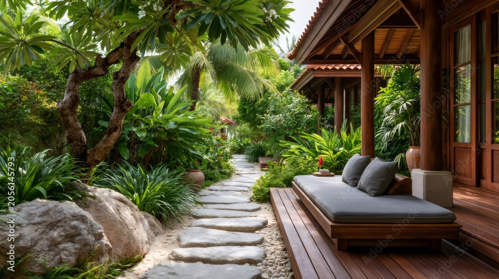 Obraz premium Tropical garden path leading to luxury resort villa patio