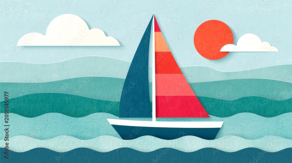 Naklejka premium Sailboat navigating paper cut waves under sun