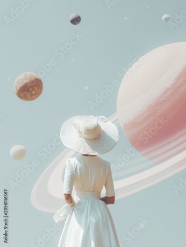 A female wearing a white dress and extravagant hat, looking to a big saturn planet