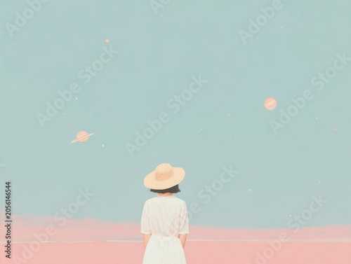 A female wearing a white dress and extravagant hat, looking to a big saturn planet