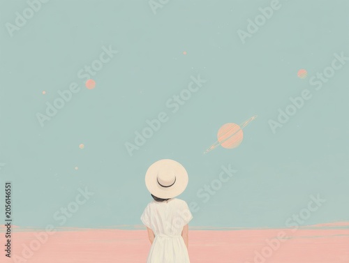 A female wearing a white dress and extravagant hat, looking to a big saturn planet
