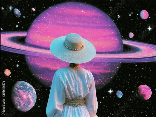 Vintage surreal poster with female wearing a white dress and extravagant hat, looking to a big saturn planet