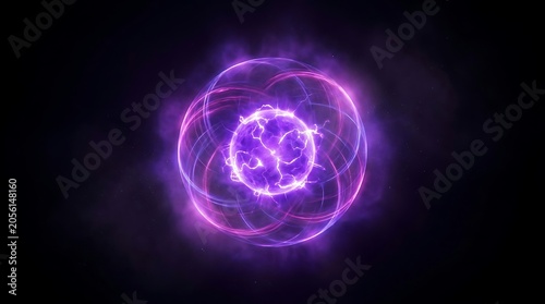 Abstract Purple Neon Sphere Glowing with Energy Pulses in Dark Space