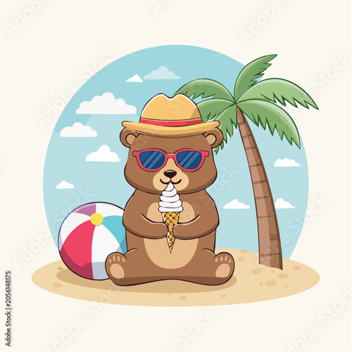 Cute cartoon bear enjoying ice cream on a beach with a palm tree