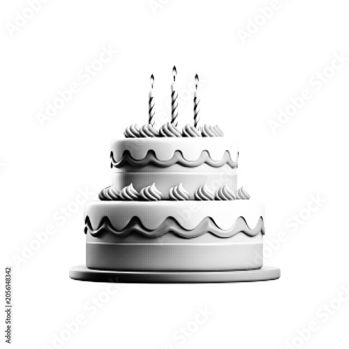 Birthday cake with candles in black and white halftone style. Layered celebration dessert illustration with dotted texture, festive party symbol isolated on light background.