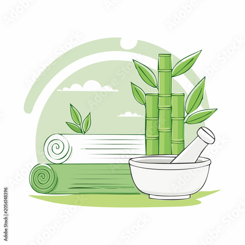 Spa and Wellness Illustration with Bamboo, Towels, and Mortar and Pestle
