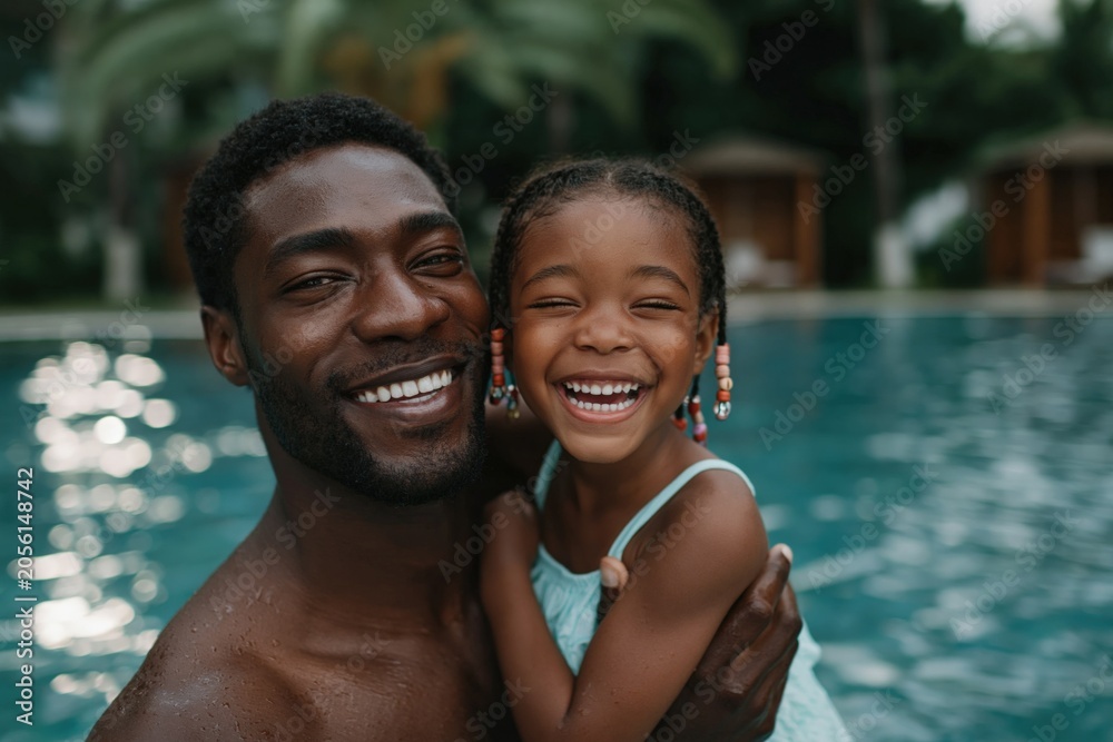 Fototapeta premium Father and daughter laughing and hugging in swimming pool