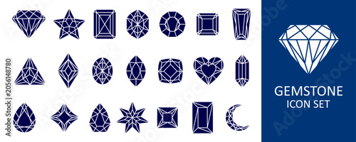 Blue gemstone icons in modern flat style. Collection crystal and precious stone symbols for mobile games, user interfaces, reward systems, infographics and digital products.