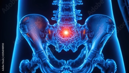 3D Medical Illustration of Pelvic Bone with Highlighted Inflammation and Pain Areas in Blue Glow