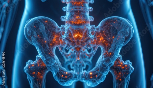 Medical Illustration of Human Pelvis and Spine with Nervous System in Blue and Orange Tones