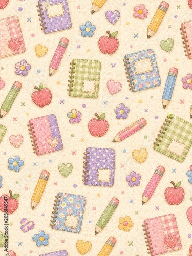A whimsical and charming pattern featuring a delightful collection of school supplies, including notebooks, pencils, and cheerful apples, all rendered in a soft, pastel patchwork style.