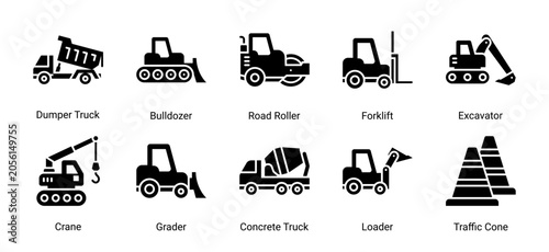 Bild auf Leinwand Heavy Machinery icon set featuring industrial vehicles and road construction equipment for engineering, contractor and infrastructure projects
