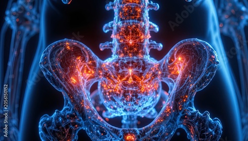 Detailed Digital Illustration of Human Digestive System with Focus on Intestines and Stomach in Bright Blue and Red Colors