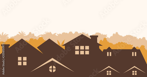 Residential Cityscape Layered Silhouette. Suburban neighborhood scene. Housing vector. Small town view. Seamless composition isolated on white background.