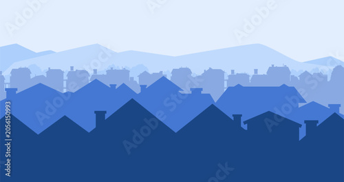 Residential Cityscape Layered Silhouette. Suburban neighborhood scene. Housing vector. Small town view. Seamless composition isolated on white background.