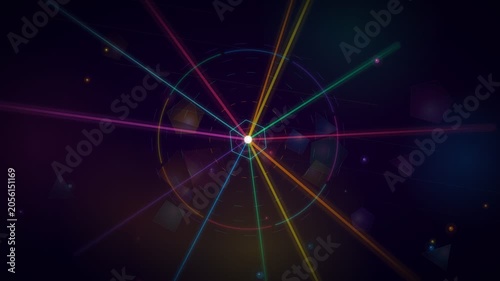 Abstract light rays, colorful beams, glowing center, dark background, radiant lines