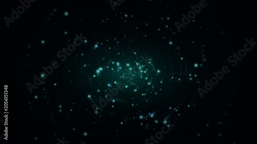 Glowing green particles, sparkling lights, dark background, abstract animation, motion graphics element