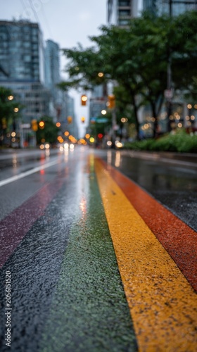 Rainbow crosswalk on a wet city street reflecting colorful stripes, with traffic lights and modern buildings visible in the background during Pride Month celebration