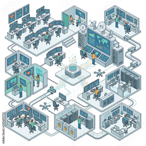 Employees work collaboratively in a futuristic office with various departments and technology