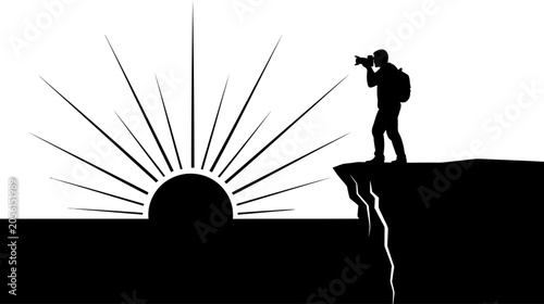 Obraz na płótnie Silhouette of a photographer with professional camera on a cliff edge at sunrise