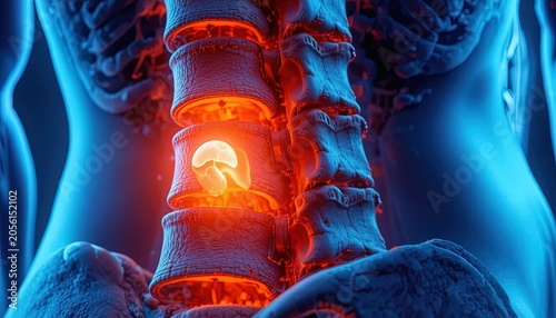Medical Illustration of Spinal Disc Herniation with Lumbar Pain in Blue Tones