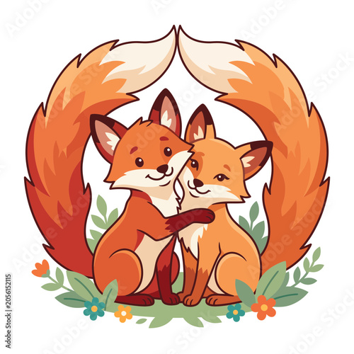 Two cute foxes hugging surrounded by flowers
